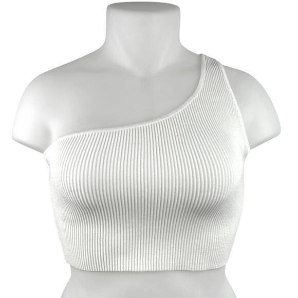 Aritzia Babaton Women's White One Shoulder Sleeveless Rib Knit Crop Top Size XL - Picture 3 of 5